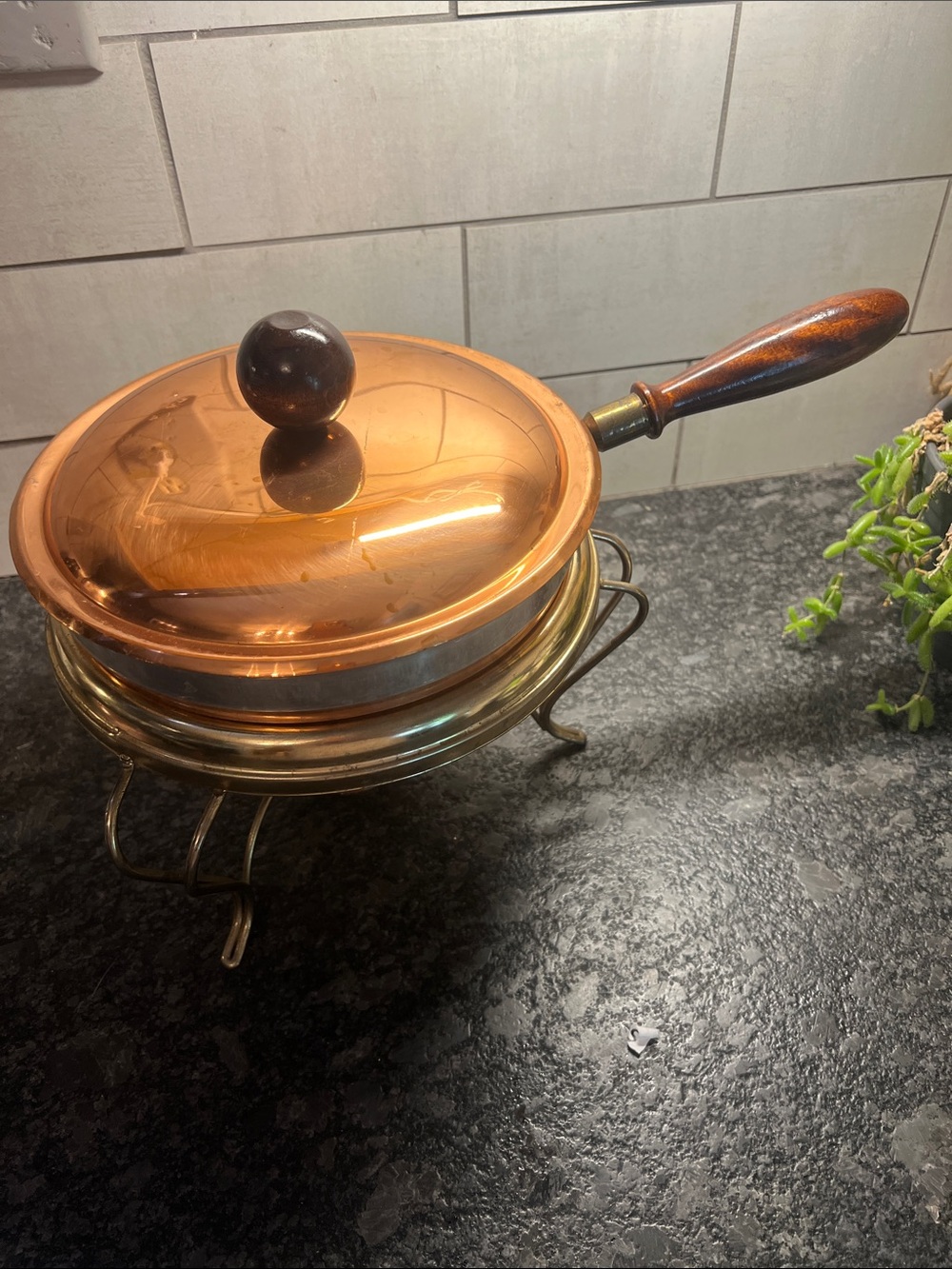 Large copper wood handled fondue pot on stand. Parties, get togethers.